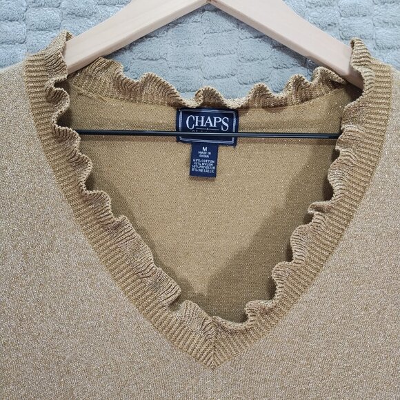 Chaps Metallic Gold Ruffle Collar Sweater-Sz M - Picture 2 of 8